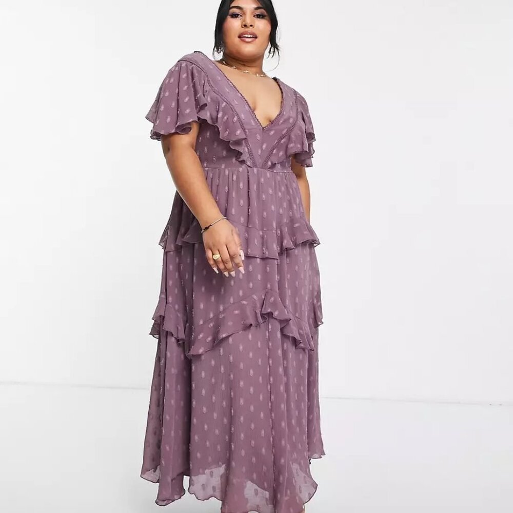 ASOS DESIGN Curve Textured Tiered Midi Dress with Lace Insert Mauve Purple Sz 18